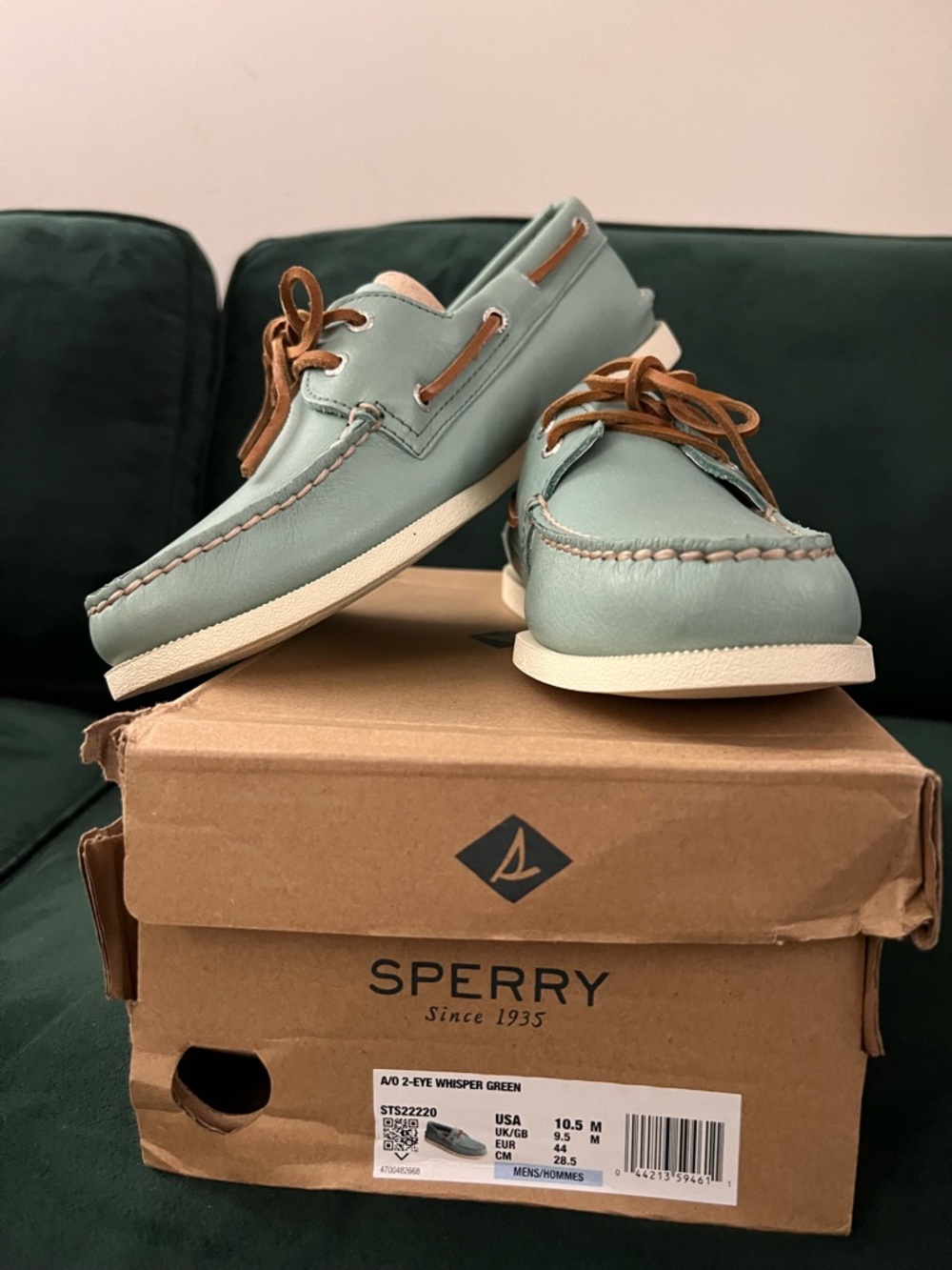Sperry Men's 2-Eye Boat Shoe in Whisper Green with Tan Laces